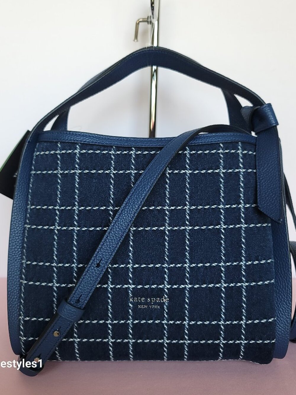 KATE SPADE Knott MEDIUM Denim Check & Leather Crossbody Tote- Indigo Multi⭐